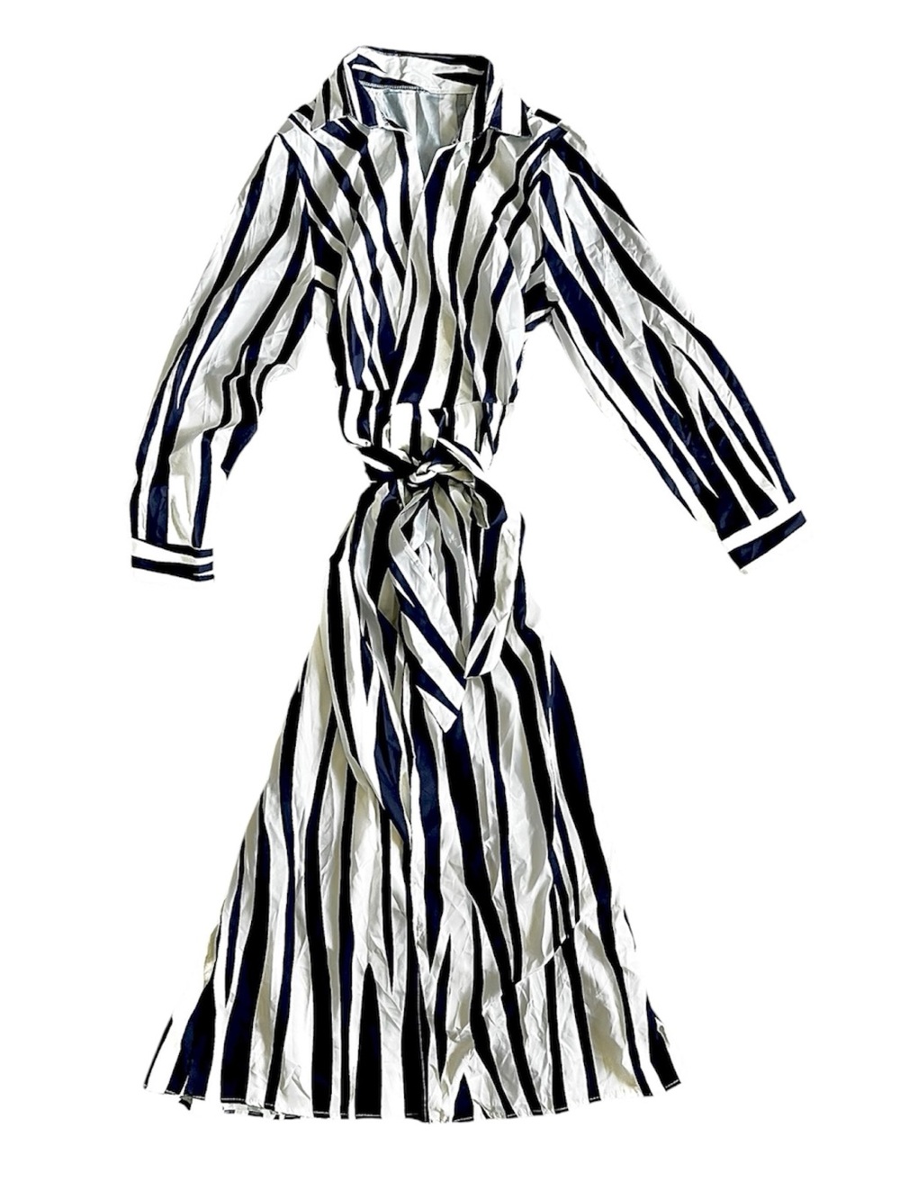 Striped Long Sleeve Shirt Dress with Waist Tie - White & Navy